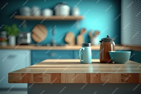 Premium AI Image | A kitchen with a blue wall and a blue kitchen with a blue wall and a wooden ...