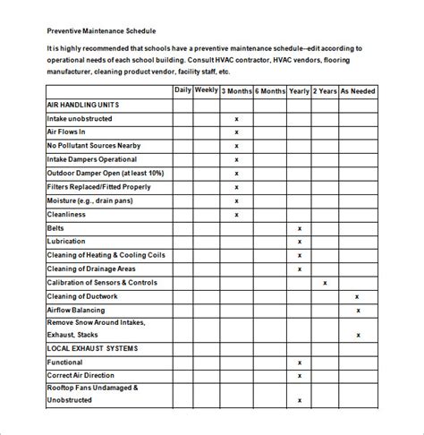 Preventive Maintenance Schedule Template