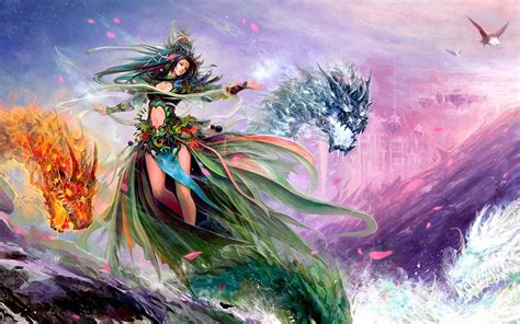 Download Beautiful Fairy Fire And Water Dragon Wallpaper | Wallpapers.com