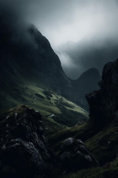 Premium AI Image | A dark mountain landscape with a river running ...