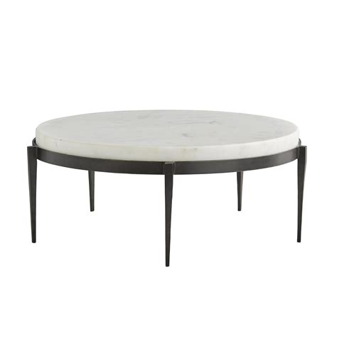 an oval marble top coffee table with black metal legs and white marble top, viewed from the front
