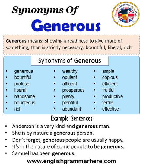 Synonyms Of Generous, Generous Synonyms Words List, Meaning and Example Sentences Synonyms words ...