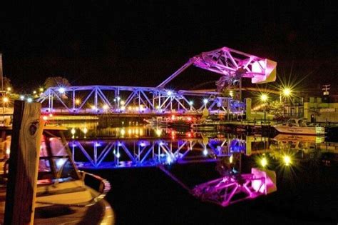 a View of the Ashtabula Harbor Lift Bridge lit up at night. Ashtabula ...