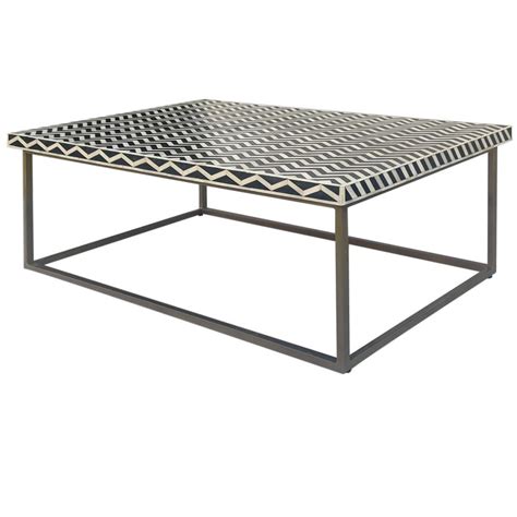 Bone Inlay Coffee Table With Iron Base Black Zigzag Pattern Modern 132x132x40cm - Bone Inlay ...