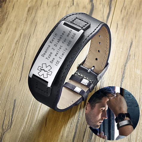 Custom Customized Men's Genuine Leather Medical Alert ID Bracelet for ...