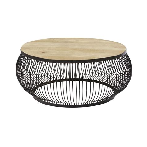 Round Black Metal and Solid Mango Wood Coffee Table Juana | Maisons du ...