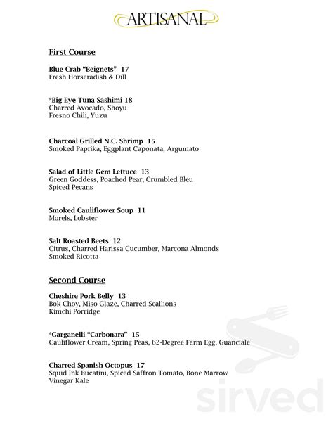 Menu for Artisanal Restaurant in Banner Elk, NC | Sirved