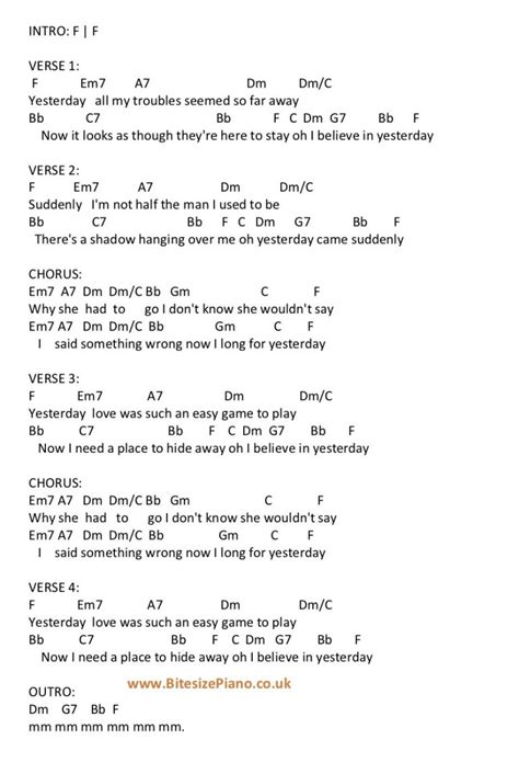 YESTERDAY – THE BEATLES PIANO CHORDS & Lyrics – Bitesize Piano