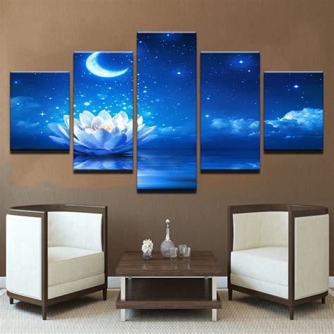 Painting Abstract 5 Pieces White Lotus Moonlight Poster Blue Sky Wall Art Living Room Painting ...
