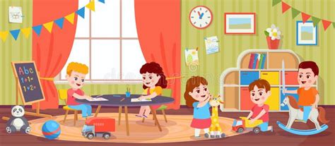 Playing Room. Kindergarten Classroom Furniture with Toys, Carpet, Table and Chalkboard Stock ...