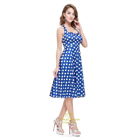 Blue And White Halter Knee Length Polka Dot Sleeveless Summer Dress ...