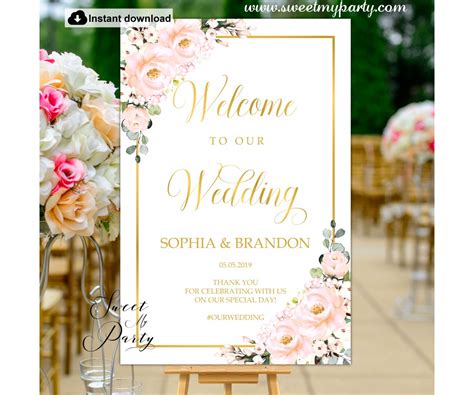 Blush Roses Welcome sign template|Blush Flowers Wedding welcome sign template|Blush Gold wedding ...