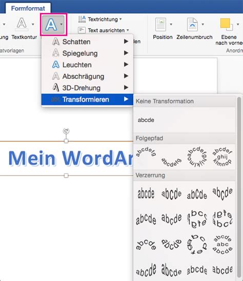 Ändern der Form eines WordArt-Objekts in Word 2016 für Mac - Word for Mac