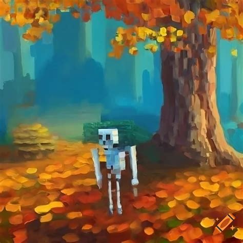 Oil painting of a blue minecraft skeleton with autumn tree on Craiyon