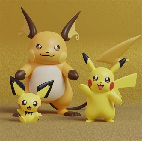 STL file Pokemon - Pichu, Pikachu and Raichu with 2 poses・3D print ...