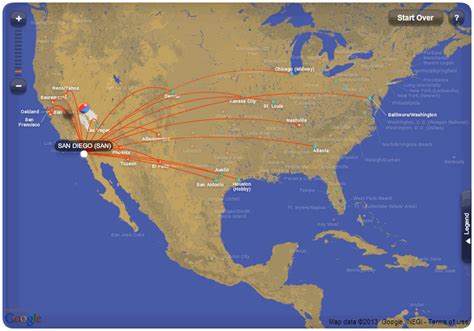 Southwest Airlines route map - from San Diego