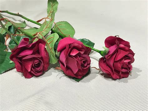 3 Artificial Burgundy Magenta Long Stem Roses-Burgundy Roses for Bouquets-Magenta Roses for ...