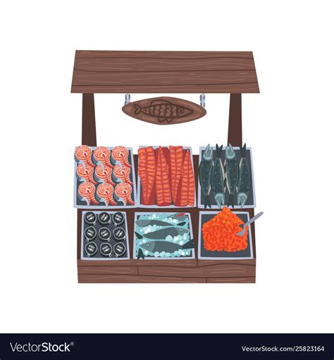 Market wooden counter with fresh fish street shop Vector Image