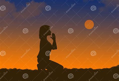 A Silhouette of a Young Woman Kneeling and Praying Stock Illustration ...