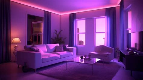 Premium AI Image | Comfortable modern living room illuminated by purple lighting background
