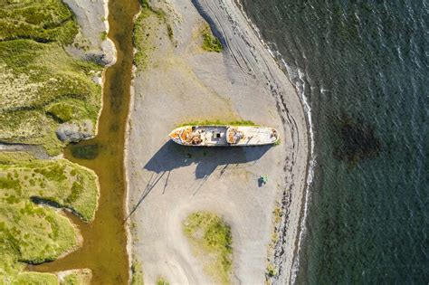 Aerial view of a shipwreck on the beach along the coast, Iceland. stock ...