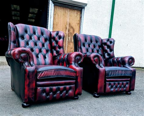 Pair of oxblood leather chesterfield wingback reclining chairs DELIVERY AVAILABLE | in East End ...