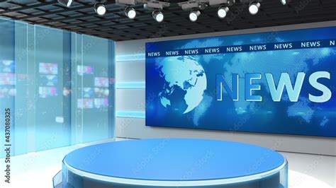 Tv studio. News room. Blye and red background. General and close-up ...