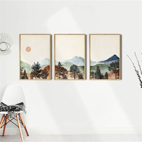 Mountain Art Print Set, Landscape Wall Art, Watercolor Mountain Print, Midcentury Modern Decor ...