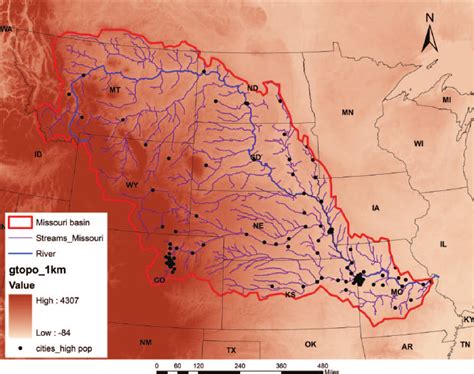 Missouri River Basin overlaying a 1 × 1 km GTOP030 DEM (USGS-EROS 2006)... | Download Scientific ...