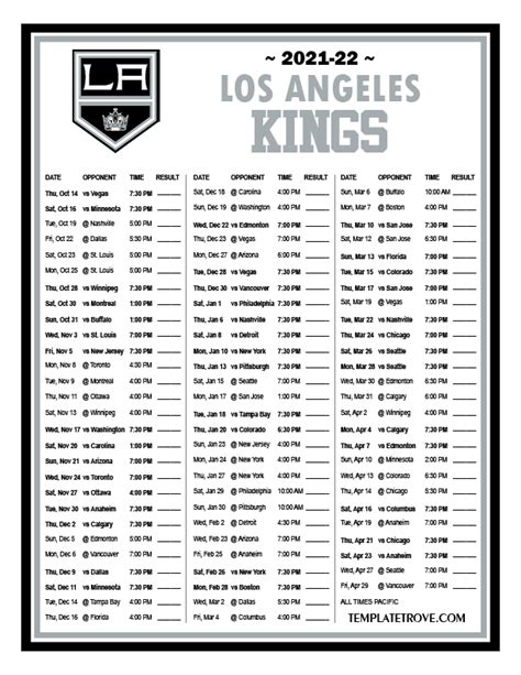 Printable 2021-2022 Los Angeles Kings Schedule