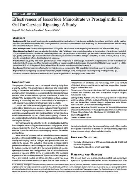 (PDF) Effectiveness of Isosorbide Mononitrate vs Prostaglandin E2 Gel for Cervical Ripening: A ...