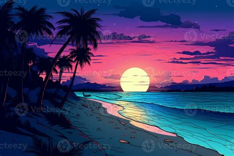 Colorized Drawing of a Tropical Twilight Beachscape generative AI 28366344 Stock Photo at Vecteezy