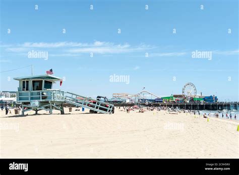 Baywatch, Beach with lifeguard watch tower, Pier, Santa Monica Beach, Los Angeles County ...