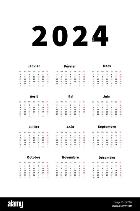 2024 year simple vertical calendar in french language, typographic ...