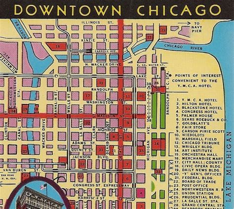 Vintage Chicago Map Postcard Downtown Chicago YMCA Hotel