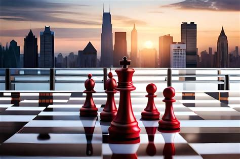 Premium AI Image | The red chess pieces are on the board, the cityscape in the background.