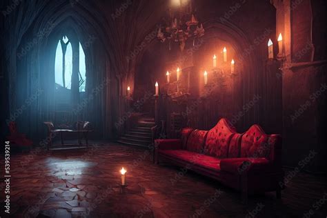 Interior of Dracula castle, victorian living room with table, sofa and lounge chairs by ...