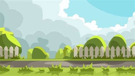 Premium Vector | Green nature sidewalk cartoon style cloudy weather