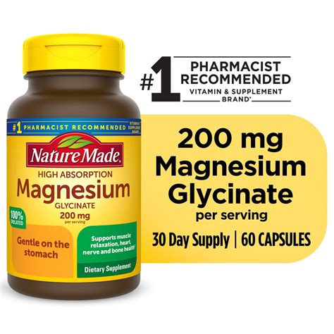 Nature Made Magnesium Glycinate 200 mg per serving is a 100% chelated ...