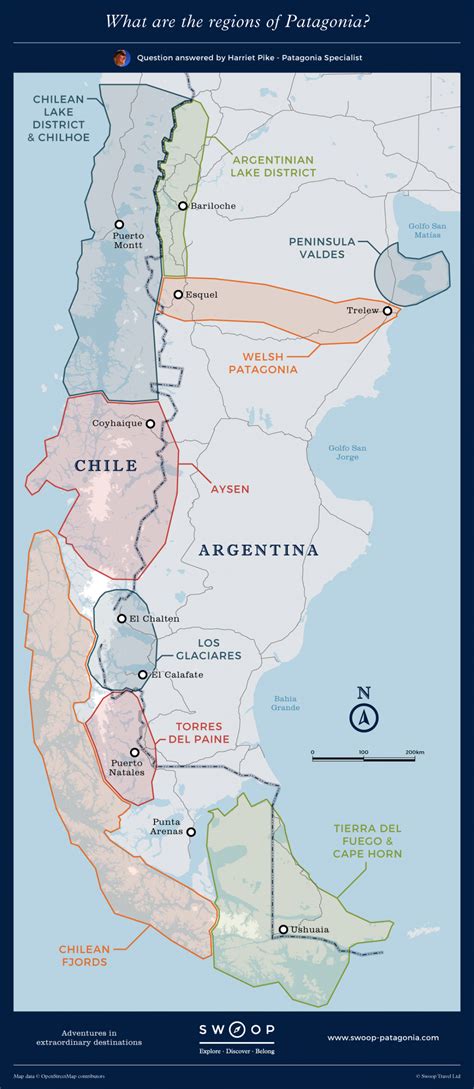 Map showing regions of Patagonia. Patagonia stretches across Chile and Argentina, occupying most ...