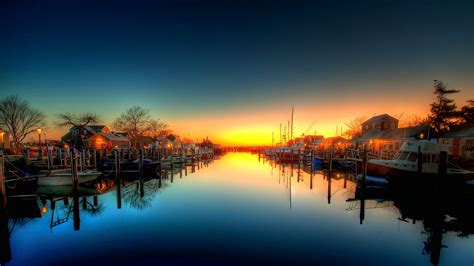 HDR Sunset Harbor Boats Reflection HD wallpaper | nature and landscape | Wallpaper Better