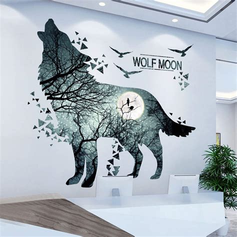 Buy Removable Ink Moon Wolf Wall Decor Creative Blue Galaxy Wolf Room Wall Sticker Easy Peel ...