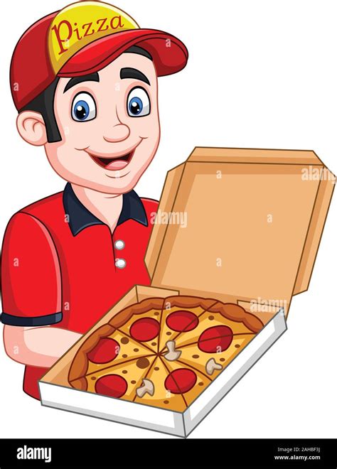 Cartoon pizza deliveryman holding open cardboard box with pepperoni ...