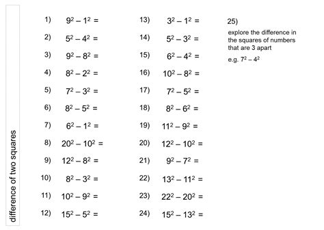 Difference Of Squares Worksheet