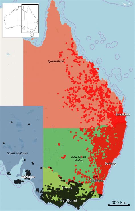 Current range of koalas in Australia. Locations where koalas are listed... | Download Scientific ...