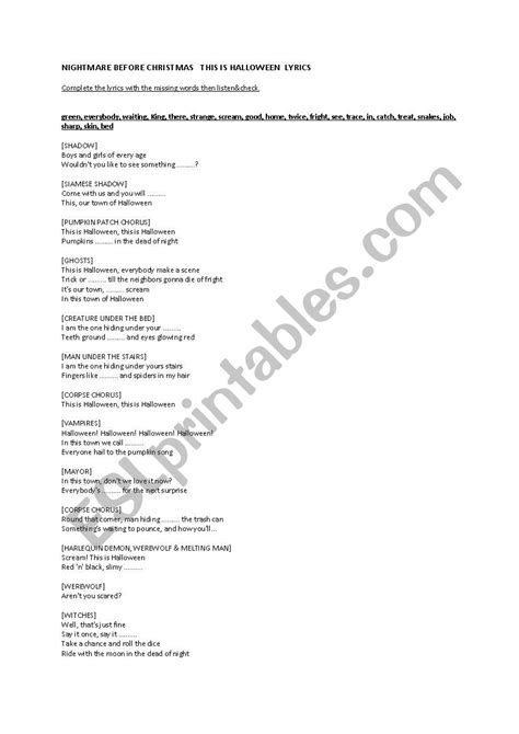 This is Halloween Lyrics Nightmare Before Christmas - ESL worksheet by ZZelena