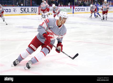 Spartak Hockey Club player, Maxim Tsyplakov (9) seen in action during ...