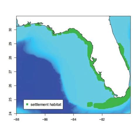 Map of assumed suitable recruitment habitat for gag grouper, based on ...