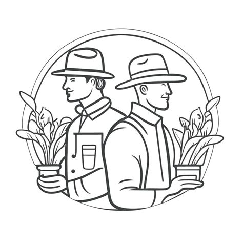 Premium Vector | Two gardeners in profile wearing fedora hats and overalls with a vase in the center