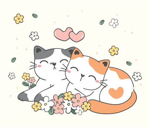 animal pet greeting card, two couple lover cute happy kitty cat sit in flower garden together ...